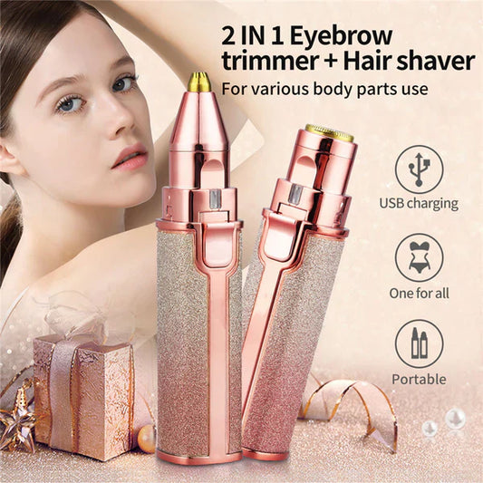 2 in 1 Eyebrow Trimmer & Hair Remover For Women - USB Rechargeable Lipstick Shaped Hair Remover